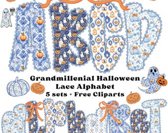 Grand millénaire Halloween dentelle Alphabet PNG, lettres de dentelle florale vintage, alphabet BCBG à la main, saison effrayante PNG avec fantôme et citrouille
