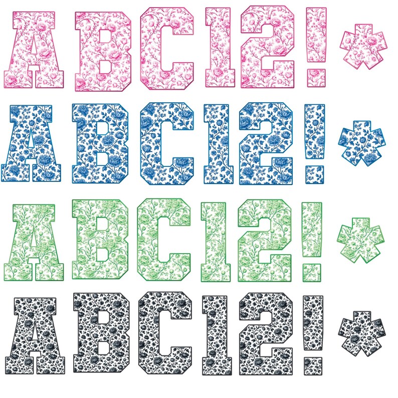 Pode incluir: Um conjunto de letras, n&uacute;meros e s&iacute;mbolos decorativos com um padr&atilde;o floral. O conjunto inclui as letras A, B e C, os n&uacute;meros 1 e 2, um ponto de exclama&ccedil;&atilde;o e um asterisco. Os desenhos s&atilde;o em rosa, azul, verde e preto.