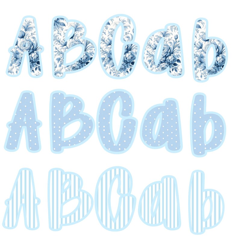 May include: A collection of decorative letter cutouts in various styles. The top row features capital and lowercase letters A, B, C, a, and b with a blue floral pattern. The middle row shows the same letters in light blue with white polka dots. The bottom row displays the letters in light blue with vertical stripes.