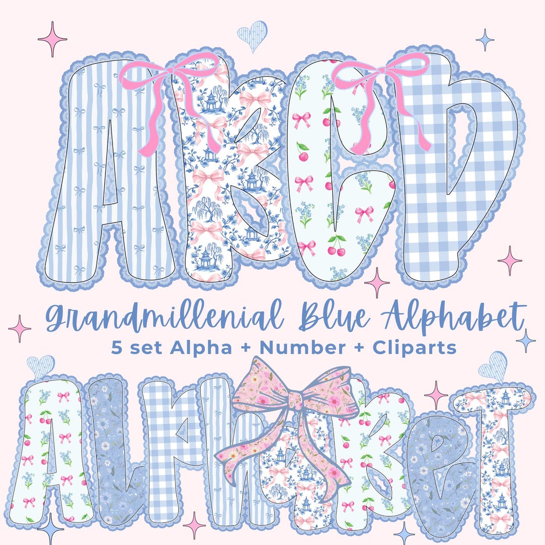 Grandmillennial Blue Floral Alphabet PNG Bundle, Vintage Blue Hand ...