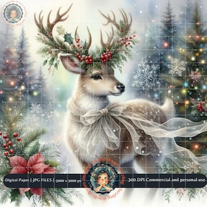 Christmas Reindeer Clipart, 18 JPG Files, Watercolor Reindeer, Christmas Coquette Bow, Christmas Decor, Junk Journal, Scrapbook, Sublimation