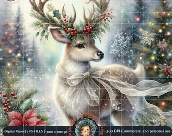 Christmas Reindeer Clipart, 18 JPG Files, Watercolor Reindeer, Christmas Coquette Bow, Christmas Decor, Junk Journal, Scrapbook, Sublimation
