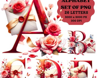 Valentines Floral Alphabet Clipart: Romantic Love Letters (PNG)