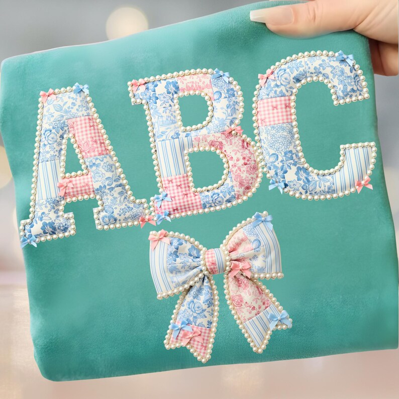 Grandmillenial Patchwork Alphabet PNG Bundle, Pearl Outline Letters ...