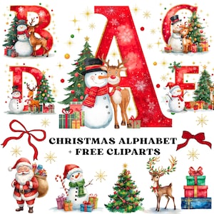 May include: A festive Christmas alphabet and clipart set. The letters are red with snowflake accents, and each is decorated with snowmen, reindeer, and Christmas trees. The image includes Santa Claus, gifts, and a Christmas tree.