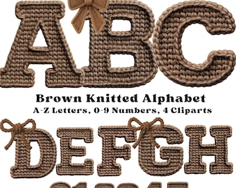 Bruin gebreide alfabet clipart, gezellige garenletters AZ en cijfers 0-9, gehaakt lettertype png, grof gebreide letters, nepgaren png, digitale download