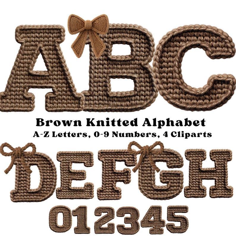 Brown Knitted Alphabet Clipart, Cozy Yarn Letters A-Z & Numbers 0-9 ...