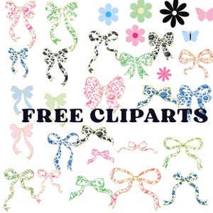 Pode incluir: Uma cole&ccedil;&atilde;o de la&ccedil;os decorativos, flores e borboletas em v&aacute;rias cores e padr&otilde;es. Os la&ccedil;os apresentam desenhos florais, listras e cores s&oacute;lidas com acabamentos dourados. O texto "FREE CLIPARTS" &eacute; exibido em negrito.