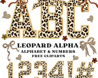 May include: Leopard print alphabet letters, numbers, and symbols with gold trim and bows. The letters A, B, and C are displayed, along with the numbers 1, 2, 3, and 4, and the symbols ! and #. The text "LEOPARD ALPHA" is also visible.