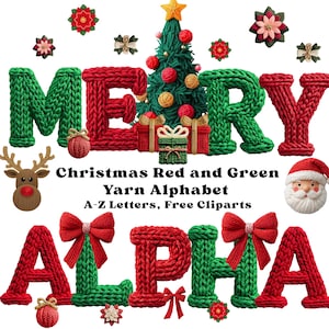 Peut inclure: Graphique de Noël festif avec des lettres en fil rouge et vert épelant "MERRY" et "ALPHA". Un sapin de Noël, le Père Noël et un renne sont également inclus. Le texte "Christmas Red and Green Yarn Alphabet A-Z Letters, Free Cliparts" est également présent.