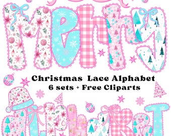 Christmas Lace Alphabet, Christmas Letters, Christmas Girly Png, Cute Pastel Letters, Holiday Alphabet, Retro Merry Christmas Coquette Png