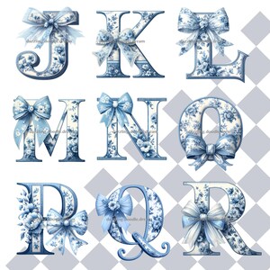 Chinoiserie Blue Toile letter with a delicate coquette bow, featuring an elegant vintage design in blue and white, perfect for monograms, personalized decor, and digital art projects.