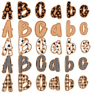 May include: A collection of uppercase and lowercase letters, A, B, and C, in various Halloween-themed designs. The letters feature patterns like pumpkins, stripes, ghosts, and plaid, with orange and black color schemes.