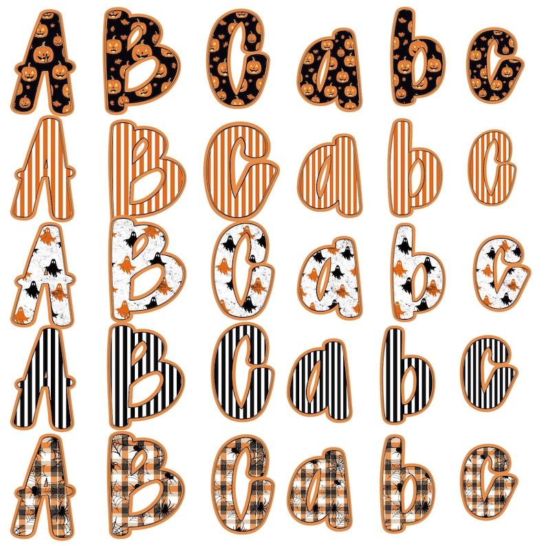 May include: A collection of uppercase and lowercase letters, A, B, and C, in various Halloween-themed designs. The letters feature patterns like pumpkins, stripes, ghosts, and plaid, with orange and black color schemes.