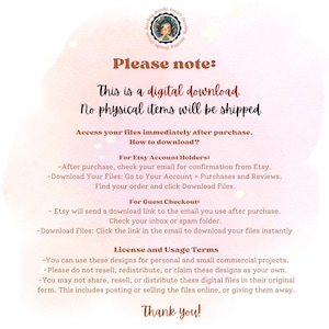 May include: A digital download notice with text in brown and black. The text includes "Please note: This is a digital download. No physical items will be shipped." Instructions on how to download are also included.