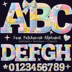 Op de afbeelding: Een kleurrijk patchwork alfabet, cijfers en clip art set. De letters A, B, C, D, E, F, G en H worden weergegeven, samen met de cijfers 0 t/m 9. De letters en cijfers zijn gemaakt van diverse stofpatronen.