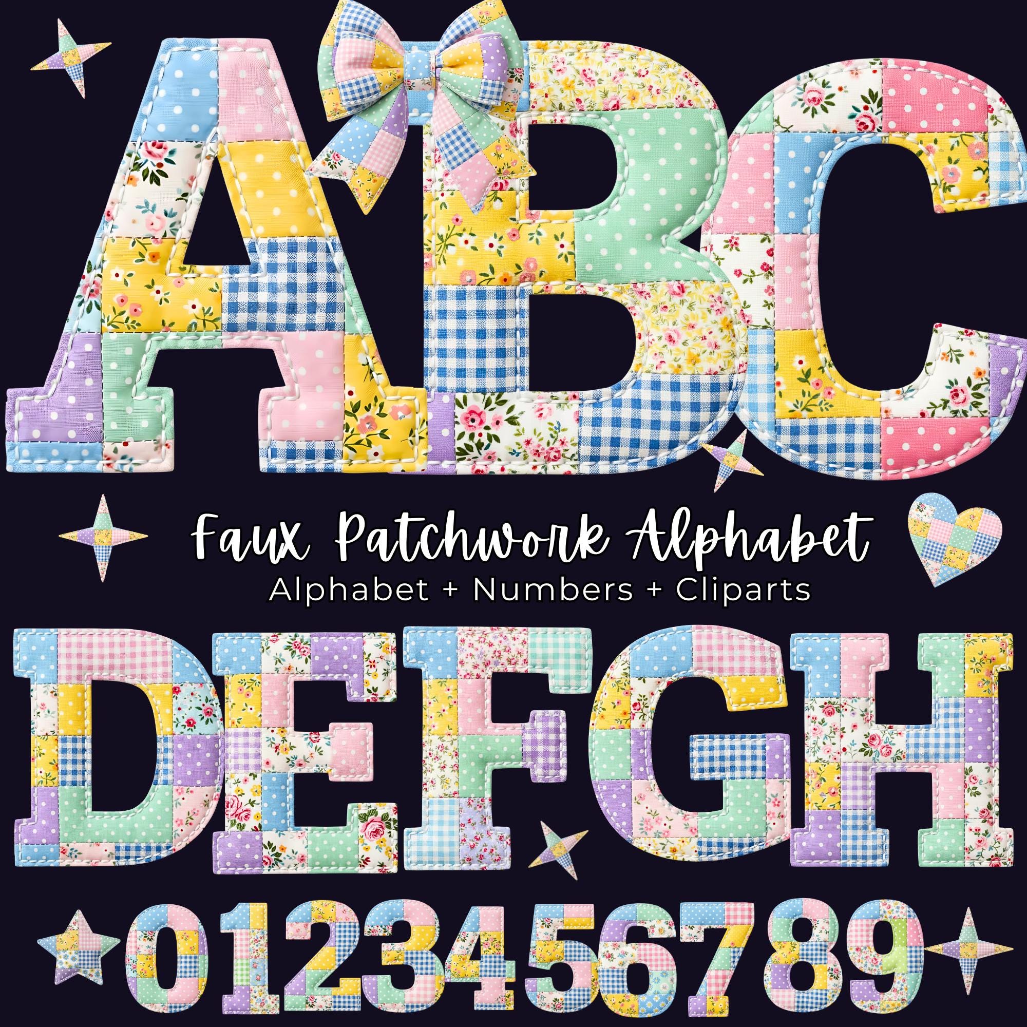 Faux Embroidered Alphabet PNG Bundle, Faux Quilted Patchwork Letters ...