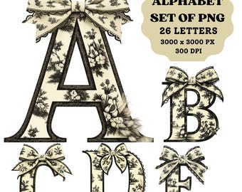 Chinoiserie Toile Letter PNG: Black Floral Alphabet with Bow (Digital Download)