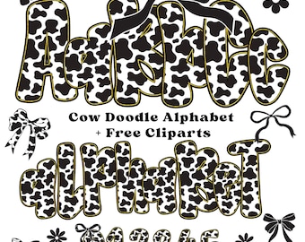 Cow Print Alphabet PNG, Cow Doodle Letters Clipart, Cow Print Font, Western Alphabet PNG, Farm Animal Print Letters, Hand Drawn Letter PNG