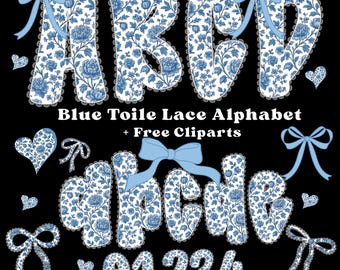 Alfabeto de encaje azul Toile PNG, Letras con lazo coqueto, Fuente azul vintage, Conjunto de letras de encaje, Sublimación, Álbum de recortes, Fuente de monograma
