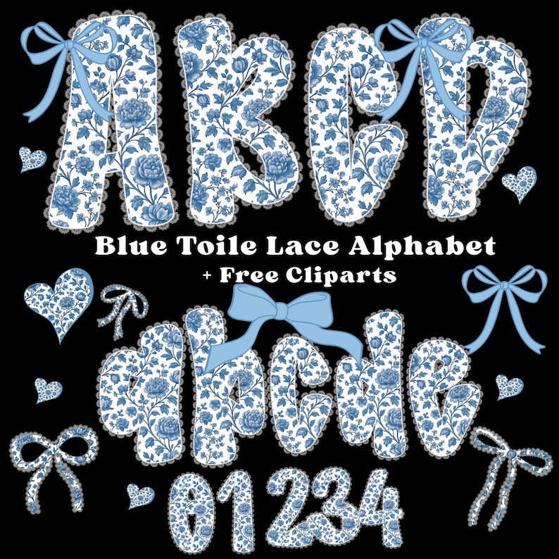 Blue Toile Lace Alphabet PNG, Coquette Bow Letters Clipart, Vintage ...