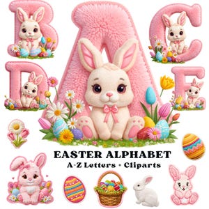 Könnte beinhalten: Oster-Themen-Sammlung mit rosa Buchstaben A-E mit Hasen- und Blumendekorationen. Zusätzliche Cliparts umfassen Ostereier, einen Eierkorb und Hasenfiguren. Der Text "EASTER ALPHABET" wird angezeigt und bietet Buchstaben A-Z und Cliparts.