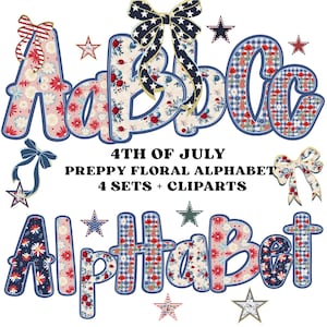 Bundle PNG de l'Alphabet floral preppy, lettres américaines Alphabet des Etats-Unis, Doodle lettres dessinées à la main, 4 juillet Sublimation Clipart