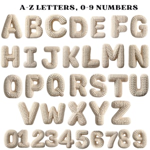 May include: A collection of knitted letters and numbers in a light beige color. The letters A through Z and numbers 0 through 9 are displayed. The text "A-Z LETTERS, 0-9 NUMBERS" is at the top of the image.