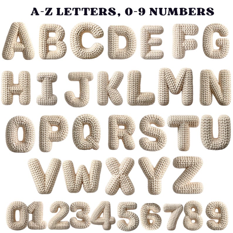 May include: A collection of knitted letters and numbers in a light beige color. The letters A through Z and numbers 0 through 9 are displayed. The text "A-Z LETTERS, 0-9 NUMBERS" is at the top of the image.