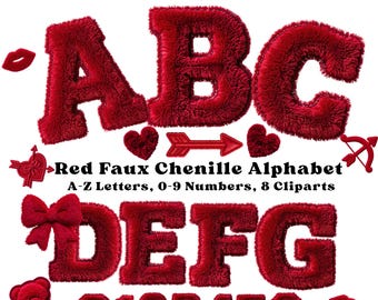 Red Faux Chenille Embroidery Alphabet Font PNG, Plush Letters, Numbers and Valentine Clipart for Sublimation Crafts & Designs