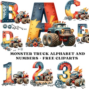 Monster Truck Alphabet PNG Bundle, Numbers Clipart, Boys Birthday Letters, Car Racing Font, Kids Truck, Monster Truck Png, Truck Cliparts