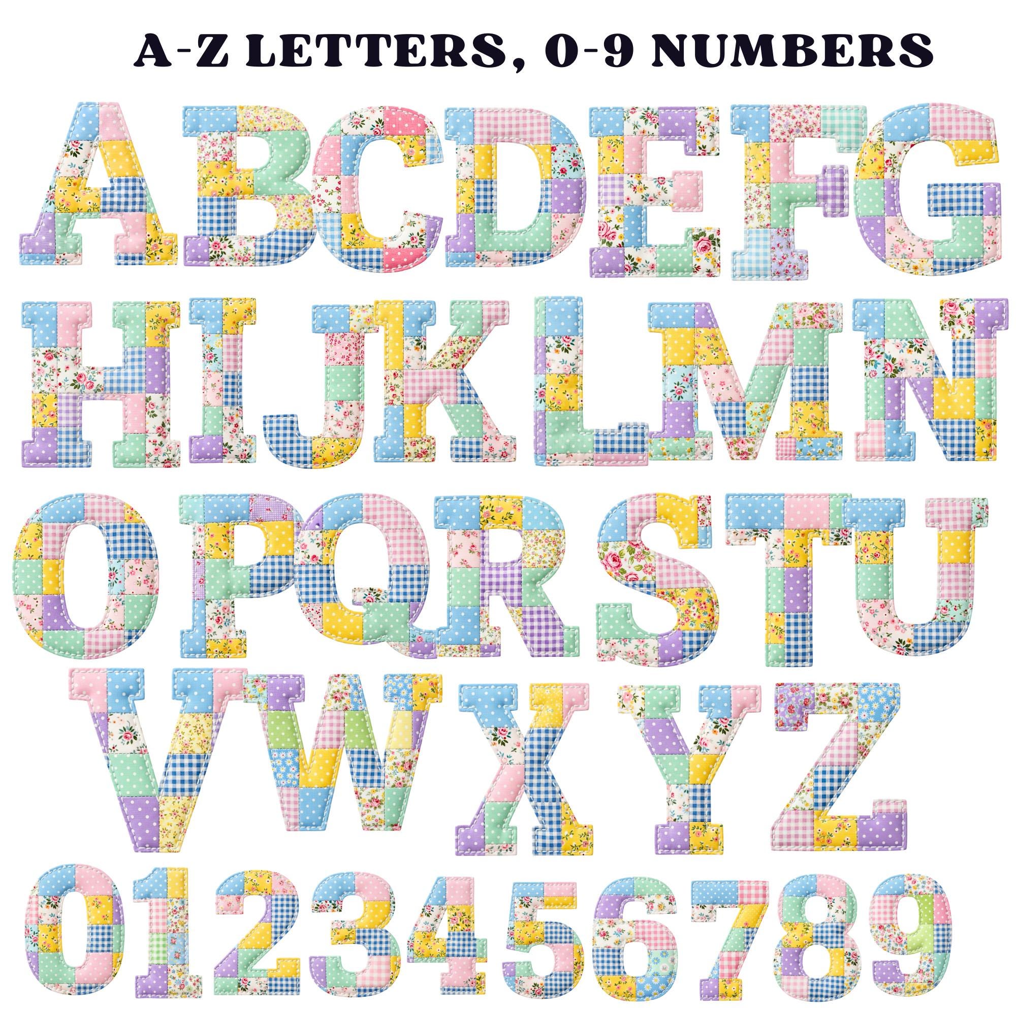 Faux Embroidered Alphabet PNG Bundle, Faux Quilted Patchwork Letters ...