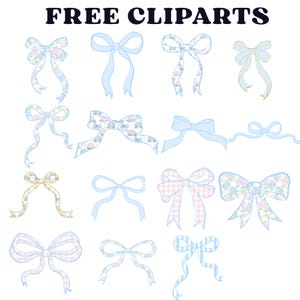 K&ouml;nnte beinhalten: Eine Sammlung verschiedener Schleifen-Cliparts in Blau-, Rosa- und Gelbt&ouml;nen. Einige Schleifen weisen florale Muster, Vichy-Karos und Streifen auf. Der Text "FREE CLIPARTS" steht oben.