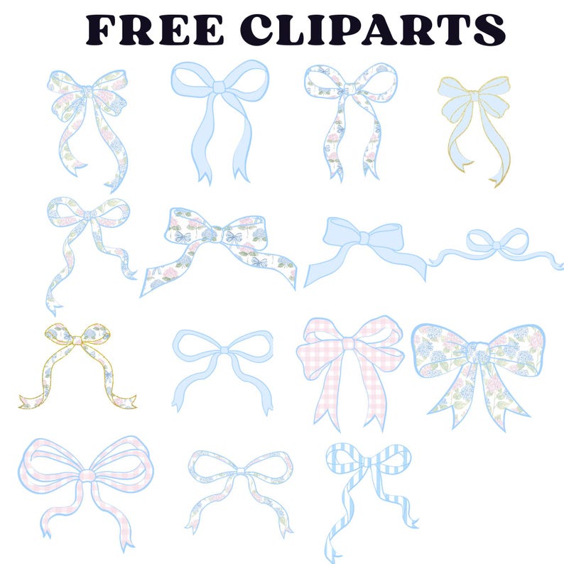 K&ouml;nnte beinhalten: Eine Sammlung verschiedener Schleifen-Cliparts in Blau-, Rosa- und Gelbt&ouml;nen. Einige Schleifen weisen florale Muster, Vichy-Karos und Streifen auf. Der Text "FREE CLIPARTS" steht oben.