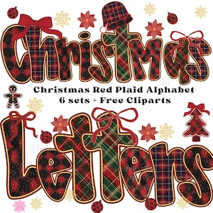 Puede incluir: Un gráfico digital con las palabras "Christmas Letters" en un patrón de cuadros rojos con ribete dorado. La imagen incluye imágenes prediseñadas con temas navideños como lazos, adornos y poinsettias. También está presente el texto "Christmas Red Plaid Alphabet".