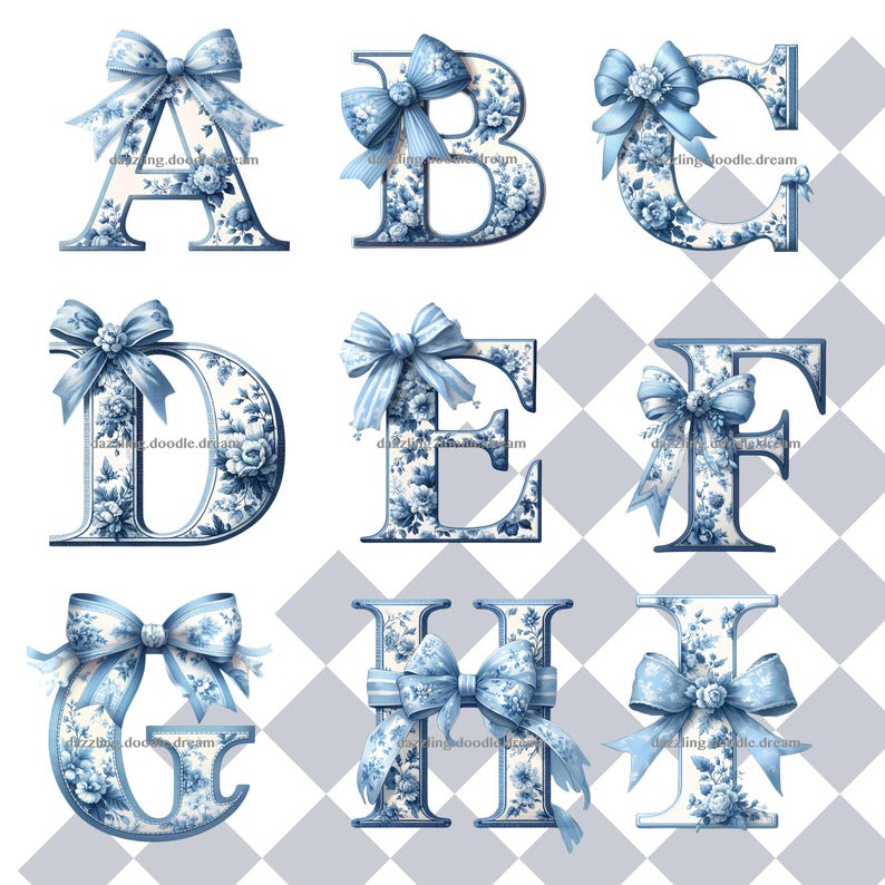 Chinoiserie Blue Toile letter with a delicate coquette bow, featuring an elegant vintage design in blue and white, perfect for monograms, personalized decor, and digital art projects.