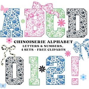 Pode incluir: Alfabeto e n&uacute;meros Chinoiserie com padr&otilde;es florais azuis, rosa, verdes e pretos. A imagem inclui as letras A, B, C, D, e os n&uacute;meros 0, 1, 2, e um ponto de exclama&ccedil;&atilde;o. O texto diz "CHINOISERIE ALPHABET LETTERS & NUMBERS, 4 SETS + FREE CLIPARTS."