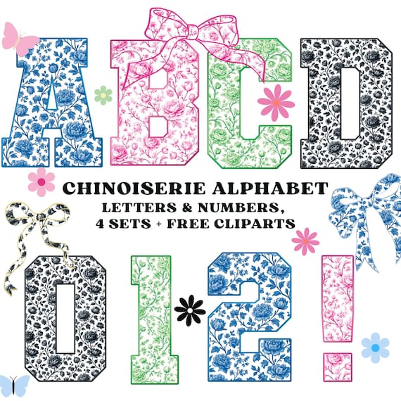 Chinoiserie Letters Png, Chinoiserie Png, Blue, Pink, Green, Black Toile Letters, Coastal Granddaughter, Chinoiserie Doodle, Alphabet Png