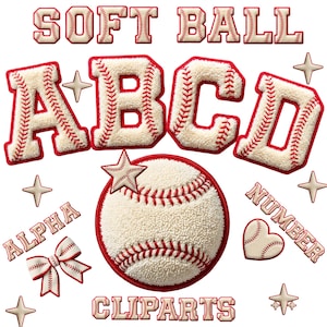 May include: A collection of softball-themed clipart, including the words "SOFT BALL", "ALPHA", "NUMBER", and "CLIPARTS". Features letters A, B, C, and D, a baseball, a bow, a heart, and star accents, all with baseball stitch detailing.