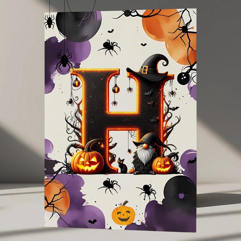 Op de afbeelding: Een Halloween-thema illustratie met een grote, gloeiende letter "H" met een zwarte heksenhoed. Het ontwerp bevat pompoenen, spinnen, vleermuizen en een kabouter, alles tegen een achtergrond van paarse en oranje aquarelspetters.