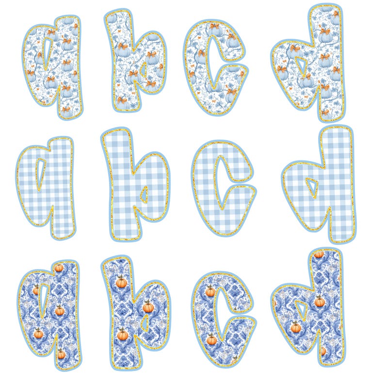 May include: A collection of lowercase letters a, b, c, and d in various patterns. Some letters feature a blue and white gingham pattern, while others display a floral design with pumpkins. Each letter has a gold border.