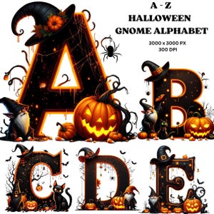 Op de afbeelding: A-Z Halloween Gnome Alphabet-afbeelding. De letters A, B, C, D en E worden weergegeven in een zwart-oranje kleurenschema. Elke letter bevat een heksenhoed, pompoenen, kabouters en zwarte katten. De afbeelding bevat ook spinnen en vleermuizen.