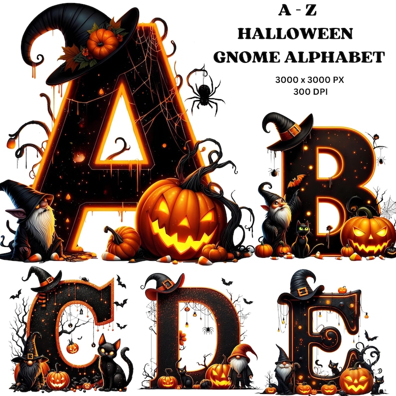 Op de afbeelding: A-Z Halloween Gnome Alphabet-afbeelding. De letters A, B, C, D en E worden weergegeven in een zwart-oranje kleurenschema. Elke letter bevat een heksenhoed, pompoenen, kabouters en zwarte katten. De afbeelding bevat ook spinnen en vleermuizen.