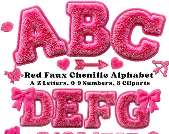 Pink Faux Chenille Embroidery Alphabet Font PNG, Plush Letters, Numbers and Valentine Clipart for Sublimation Crafts & Designs