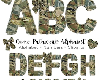 Camo Patchwork Alphabet PNG Bundle, Faux Quilted Camouflage Letters, Rustic Military Clipart Set for Sublimation, DIY Shirts and Crafts