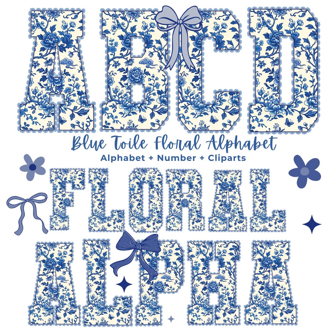 Floral Letters Blue Toile Alphabet PNG Bundle, Blue Chinoiserie Clipart ...
