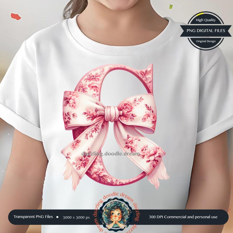 May include: A pink floral letter C with a large pink bow. The letter is surrounded by a white background.
