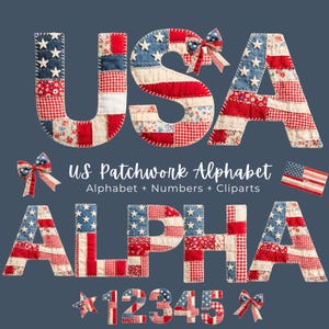 Preppy Patriotic Patchwork Alphabet PNG Bundle, Preppy Cottagecore American Alphabet Letters & Numbers, 4th of July Independence Day Clipart