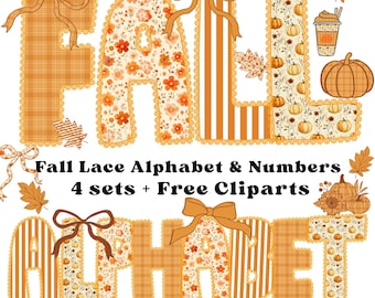 Fall Alphabet PNG, Lace Letters & Numbers, Autumn Sublimation Clipart, Plaid Leopard Print Font, Autumn PNG Letters, Pumpkin Spice Letters
