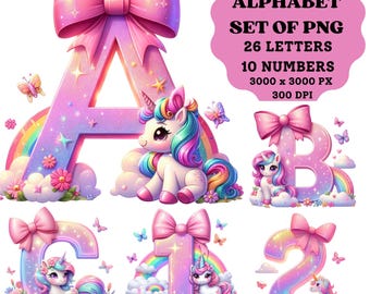 Unicorn Letters, Unicorn Alphabet, Alphabet Png, Unicorn Clipart, Unicorn Numbers, Pink Coquette Bow, Kids Party, Card Making, Sublimation